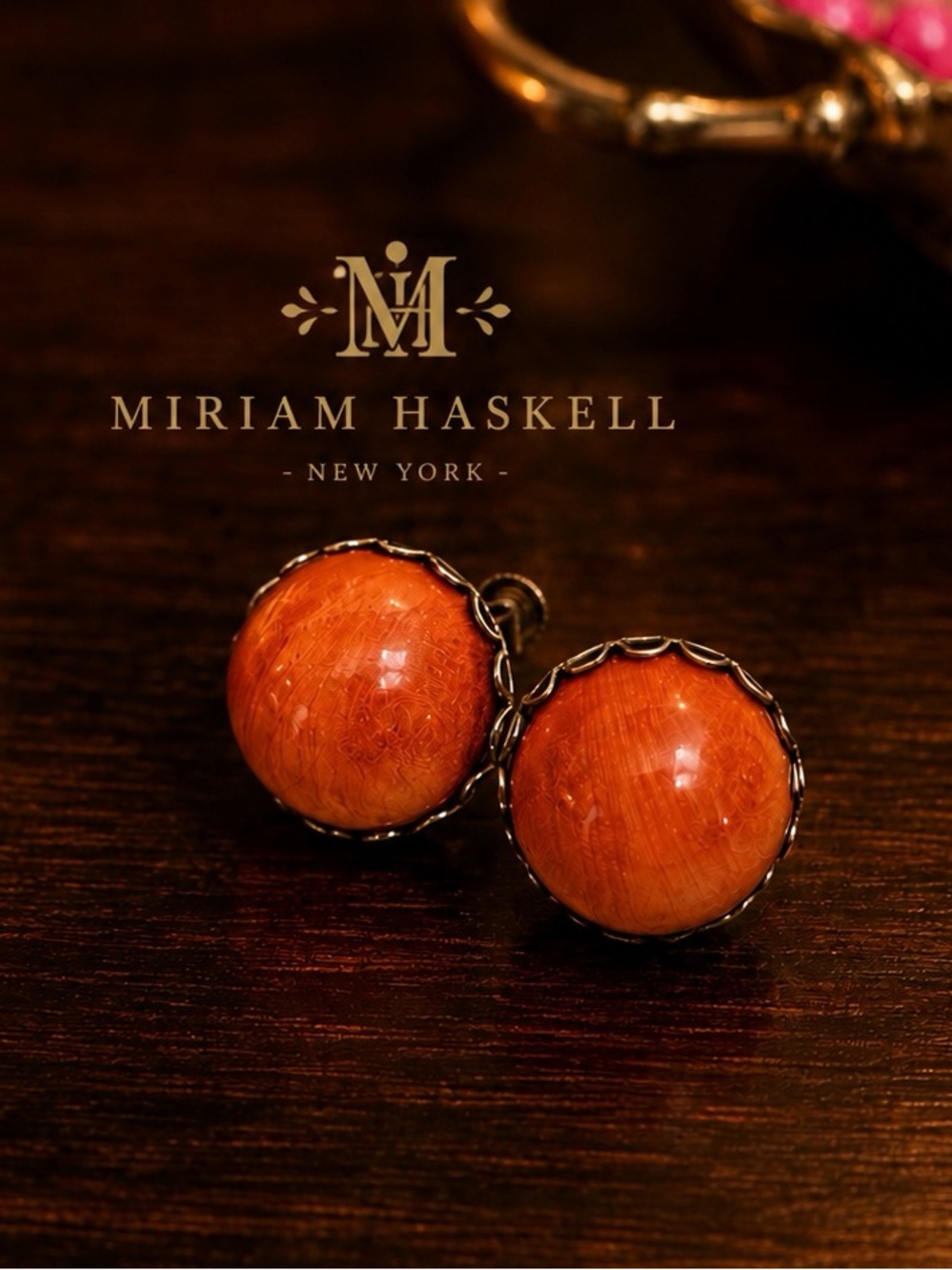VTG Miriam Haskell Signed Luminous Apricot Enamel Cabochon Clip On Earrings